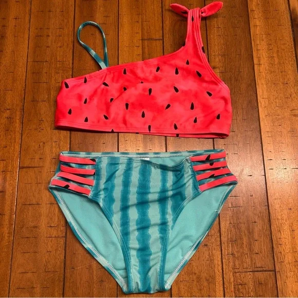 Cat & Jack Girl’s Watermelon 2-Piece Swimsuit, Sz L (10/12), Pink, Green Bikini - Picture 1 of 9